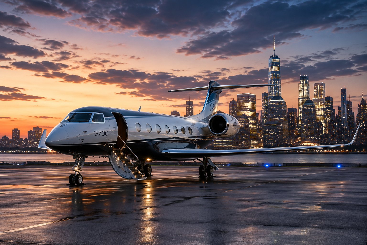 A private jet on the apron at dusk